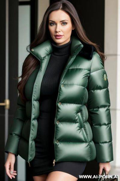 Brunette secretary wearing gigantic green puffer coat - ai-porn.ai on pornintellect.com