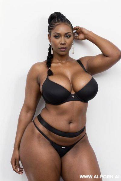 ((a black woman, big hands, naked, shows forearms, curvy, whole body, looks at the camera, full body image, strong arms, stronger shoulders, wide hips, strong body, very strong arms, extremely - ai-porn.ai on pornintellect.com