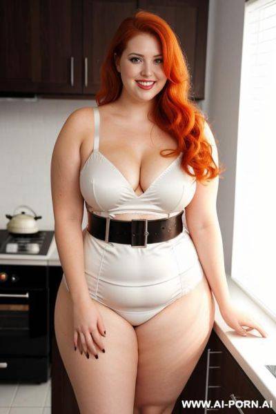 Full body photo shot, about at kitchen, so fat bbw curvy, wearing a sexy and hot gartert belt lingeries, she is eating. - ai-porn.ai on pornintellect.com