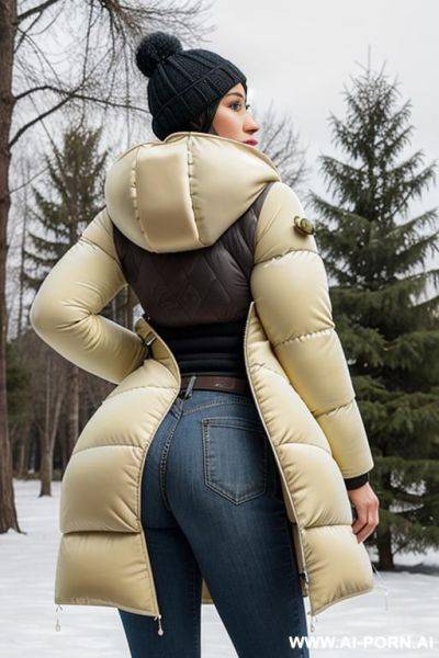 Suburb mom with gigantic ass wearing gigantic puffer coat, viewed from the back, looking back into camera, (((cum on puffer coat))) - ai-porn.ai on pornintellect.com