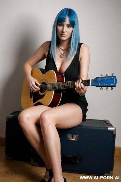 Man guêpière with blue hair and black and red clog is playing a guitar. he is wearing a silver necklace. - ai-porn.ai on pornintellect.com