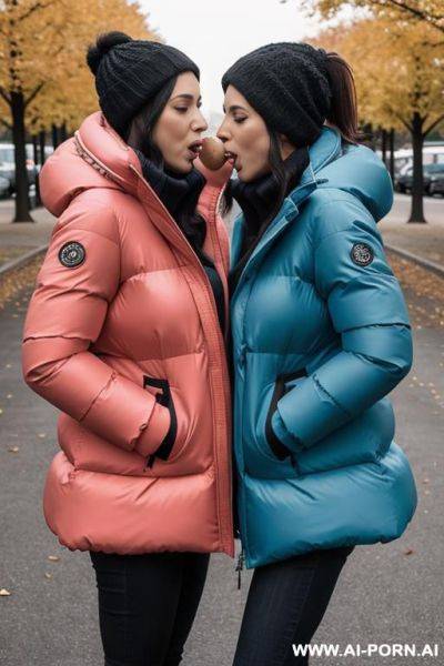 Two suburb moms wearing gigantic puffer jackets, licking each other in 6 position - ai-porn.ai on pornintellect.com