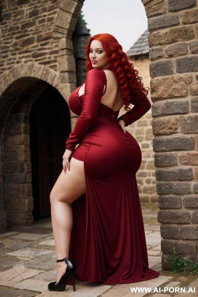 Medieval dress, curly and long red hair, beautiful dress, huge tits, huge ass, showing her curves - ai-porn.ai on pornintellect.com