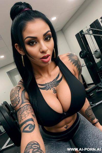 Perfect body, athlete, gym pants, push up bra, big tits, cleavage, tattoos, earrings, cumshot, facial, tongue out, titjob, pov, busty, pov, nose pierced, tattoos, blowjob - ai-porn.ai on pornintellect.com