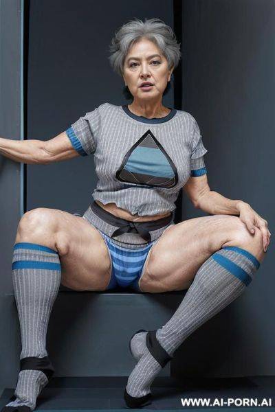 (((0 year old grandmother))), (((short gray hair))), (((very visible age marks))), (((large, expressive eyes))), (((triangular hips) )), (((thick thighs))) , (((blue t-shirt with black vertical stripes))), - ai-porn.ai on pornintellect.com