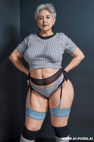 (((0 year old grandmother))), (((short gray hair))), (((very visible age marks))), (((triangle hips))), (((thick thighs))), (((blue t-shirt with black vertical stripes))), (((blue panties))), (((long blue - ai-porn.ai on pornintellect.com