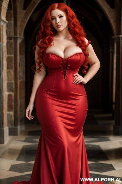 Medieval dress, curly and long red hair, beautiful dress, huge tits, huge ass, showing her curves - ai-porn.ai on pornintellect.com