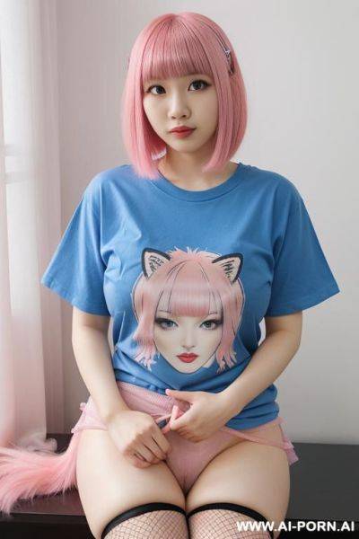 Young pink hair breasts cat-like hears and tail wearing tshirt only - ai-porn.ai on pornintellect.com