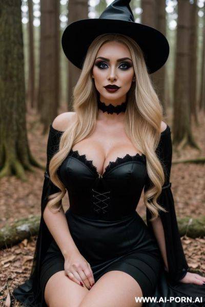 Blonde witch, (30 years old), (location: forest), (black dress), (makeup: black eyeliners, black eyeshws), (breast size d) - ai-porn.ai on pornintellect.com