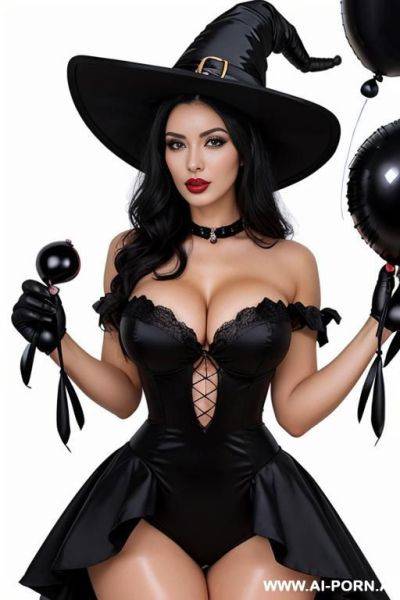 Sexy woman, black hair, beautiful face, huge chest, wide hips, hourglass figure, no body fat, witch dress, witch hat, (black balloons) - ai-porn.ai on pornintellect.com