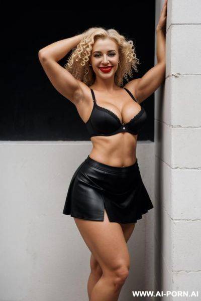 German, 30 years, blonde, curly hair, black bra, black skirt, , navel piercing, thick, arms up, muscular arms, smile, red lipstick, looking at camera, standing against wall, side view, full body view, heels - ai-porn.ai - Germany on pornintellect.com