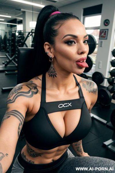 Perfect body, athlete, gym pants, push up bra, big tits, cleavage, tattoos, earrings, cumshot, facial, tongue out, titjob, pov, busty, pov, nose pierced, tattoos, blowjob - ai-porn.ai on pornintellect.com