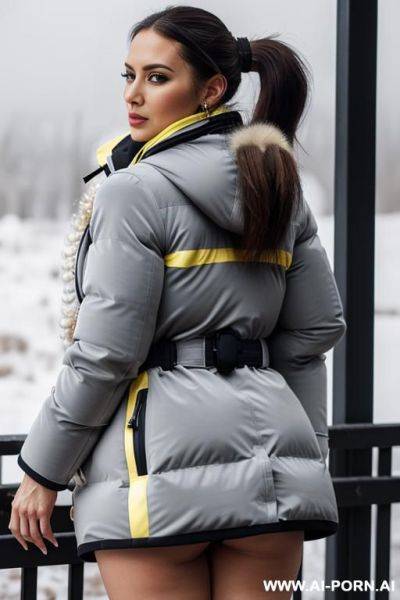 Suburb mom with gigantic ass wearing gigantic puffer coat, viewed from the back, looking back into camera, (((cumshot on puffer coat))) - ai-porn.ai on pornintellect.com