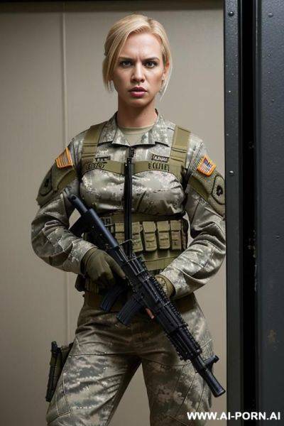 Short haired military woman without a weapon in a military base bedroom - ai-porn.ai on pornintellect.com