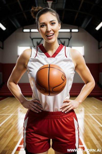 (red basketball uniform), (brunette basketball player), (inside basket ball court), - ai-porn.ai on pornintellect.com