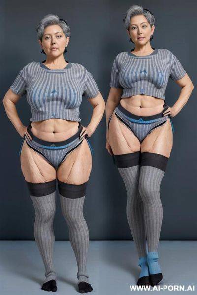 (((0 year old grandmother))), (((short gray hair))), (((very visible age marks))), (((triangular hips))), (((thick thighs))) , (((blue t-shirt with black vertical stripes))), (((blue panties))), (((long - ai-porn.ai on pornintellect.com