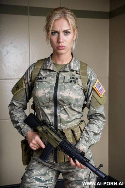 Short haired military outfit woman no weapon military base bedroom no accessories - ai-porn.ai on pornintellect.com