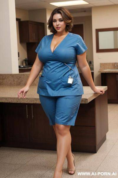 Fat, very beautiful woman, light brown hair, short hair, massive tits, tits bigger than head, sexy legs, curvy, wearing scrubs - ai-porn.ai on pornintellect.com