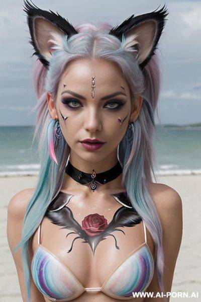 Face, sexy, beautiful, ((evil woman)), ((face painting)), ((body painting)), ((bikini as seashell)), ((fantasy bikini)), ((roses)), ((eyes shw)), ((angel wings)), ((choker)), ((rainbow hair)), (( makeup)), - ai-porn.ai on pornintellect.com