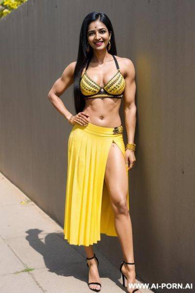 Indian, 30 years, abs, muscular arms, black hair, long straight hair, yellow noodle bra, yellow skirt, navel piercing, smile, looking at camera, standing sideways, heels, full view - ai-porn.ai - India on pornintellect.com