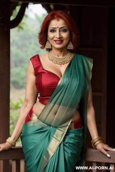 Rich, elegant, old milf, red hair, high heels, earrings, bracelet, necklace, natural body, make-up, lipstick, dirty, seductive face, horny, wide shot, sari, indian dress, bra, blouse, full outfit, - ai-porn.ai - India on pornintellect.com