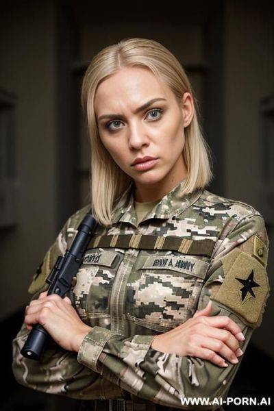 Short haircut military outfit woman no weapon military base bedroom no accessories - ai-porn.ai on pornintellect.com