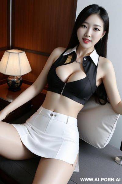 Sext chinese woman, golf skirt, spreading legs open, cleavage, crop top. hot, teasing - ai-porn.ai - China on pornintellect.com