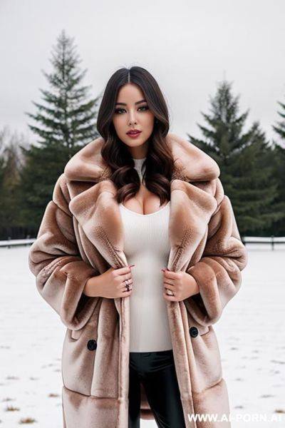 A gorgeous woman covered in els wearing a luxurious rich fluffy luxurious oversized fur coat in the snow, seductive - ai-porn.ai on pornintellect.com