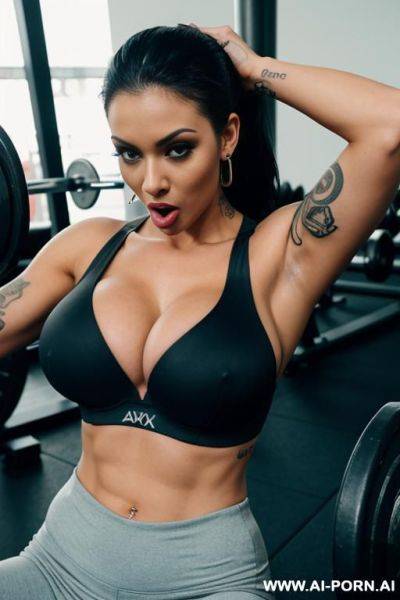 Perfect body, athlete, gym pants, push up bra, big tits, cleavage, tattoos, earrings, cumshot, facial, tongue out, titjob, pov, busty, pov, nose pierced, tattoos, mouth open, - ai-porn.ai on pornintellect.com