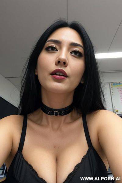 Woman, down blouse, tits out classroom, low angle shot, choker on neck - ai-porn.ai on pornintellect.com