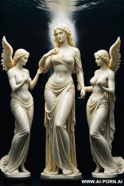 A majestic, goddess-like figure lifting four dark cherubic evoking themes of mythology and divine motherhood. the woman stands short and tired, d in flowing, grecian-style robes, and her expression - ai-porn.ai on pornintellect.com