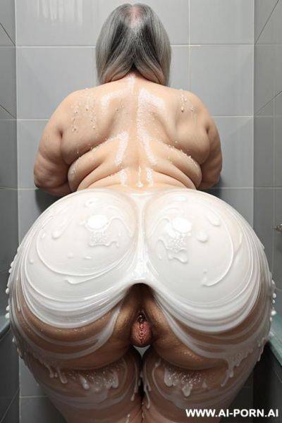 Woman, ((chinese)), (old), (chubby), long gray hair, (back to camera), in shower, massive ass, ((cock in ass)), (white goo dripping off ass) - ai-porn.ai - China on pornintellect.com