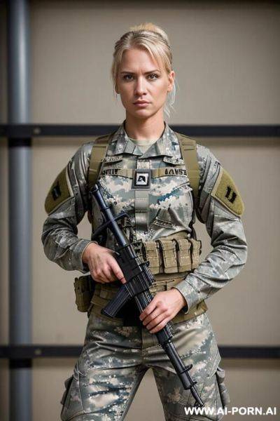 Short haired military outfit woman no weapon military base bedroom no accessories - ai-porn.ai on pornintellect.com