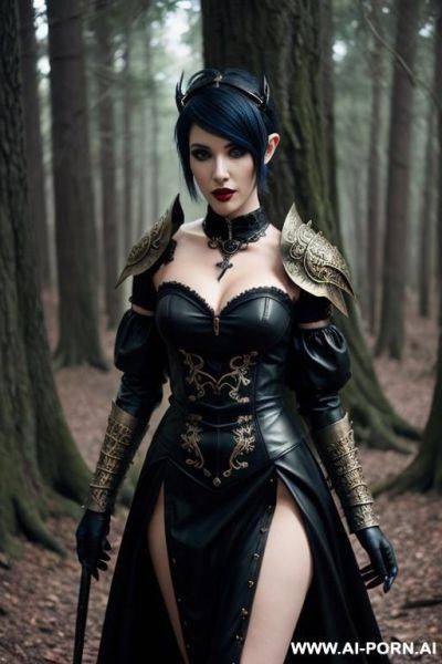 Vampire, forest, leather ornate armor, dress, pixie hair - ai-porn.ai on pornintellect.com