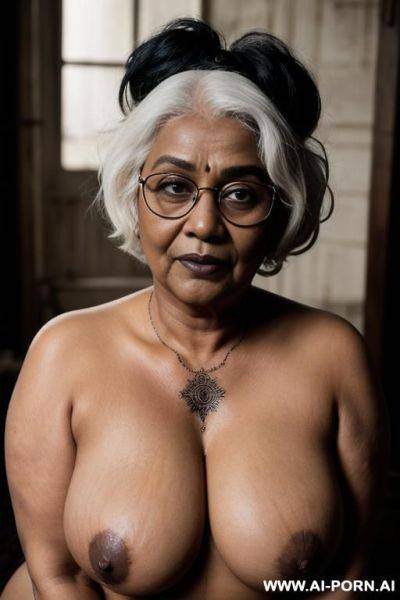 Chubby voluptuous granny of 0 years old, wrinkly skin, saggy boobs, body tattoo, black lipstick, mascara, white hair, dark skin, naked - ai-porn.ai on pornintellect.com