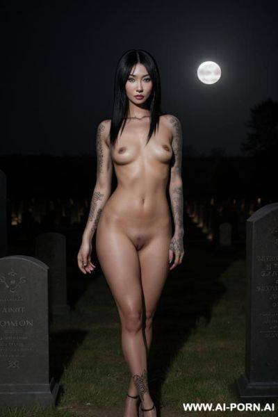 Fully naked goth babe, skin, posing in a graveyard, many black tattoos - ai-porn.ai on pornintellect.com