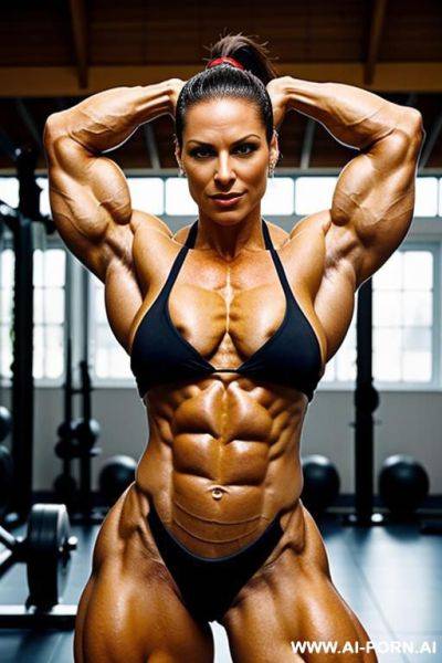 Nude 30 years old brunette female bodybuilder with ponytail flexing her muscles in a gym. - ai-porn.ai on pornintellect.com