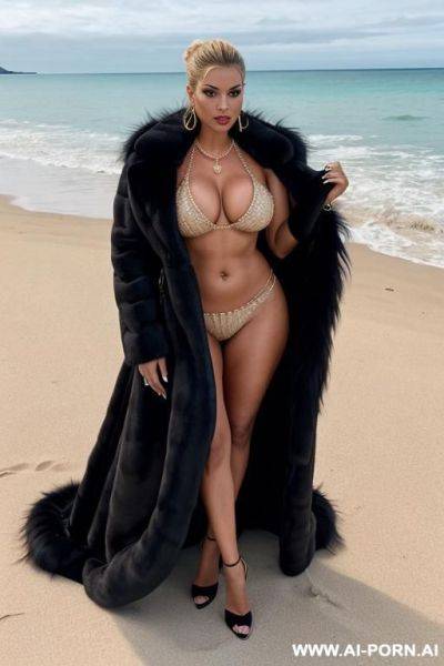 A gorgeous woman in a military outfit opened to reveal her cleavage, diamond necklace, and a luxurious rich fluffy luxurious oversized huge fur coat, stilettos, on the beach - ai-porn.ai on pornintellect.com