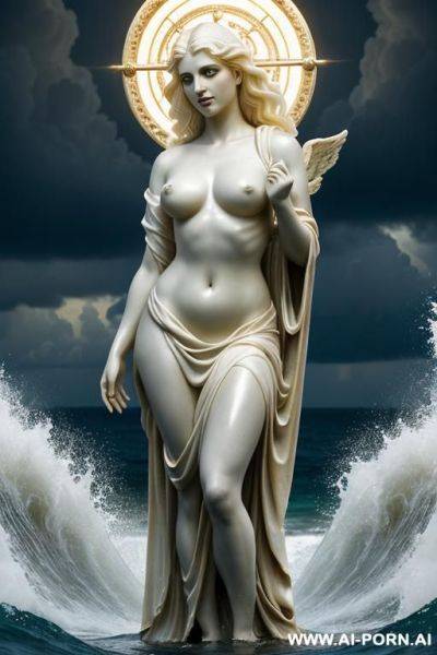 A majestic, goddess-like figure lifting four dark cherubic evoking themes of mythology and divine motherhood. the woman stands short and tired, d in flowing, grecian-style robes, and her expression - ai-porn.ai on pornintellect.com