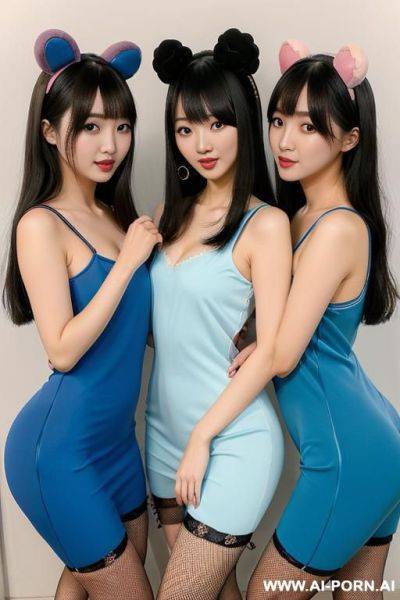 Blue tight dress, 3 woman, touching each other - ai-porn.ai on pornintellect.com