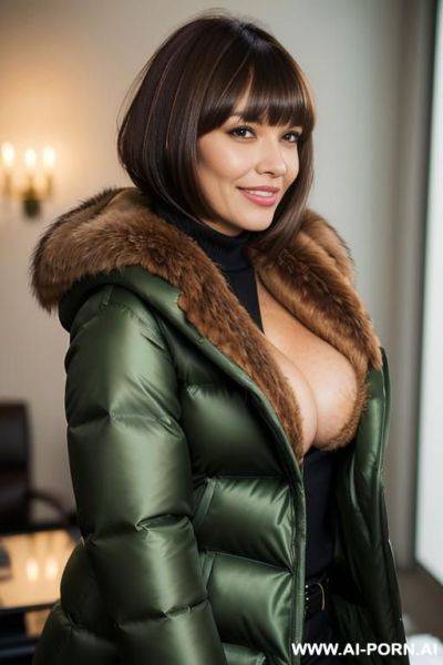 Brunette secretary wearing gigantic green puffer coat with brown fur hood - ai-porn.ai on pornintellect.com