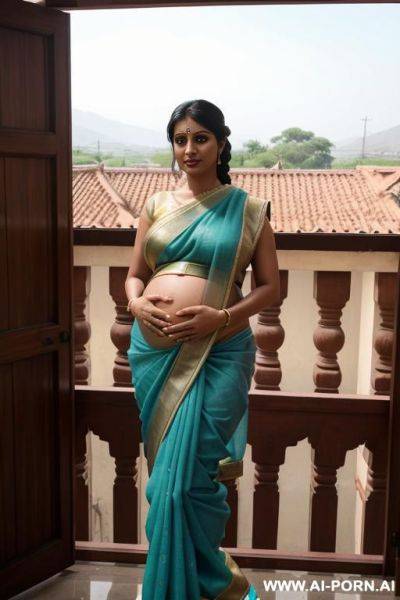 Seductive, sexy, pregnant, indian, milf, wearing sari, hijab, transparent, visible boobs, brown nipples, saggy tits, thick body, beautiful, ponytail, braided, tanned, oiled, wet, drenched in cum, full - ai-porn.ai - India on pornintellect.com