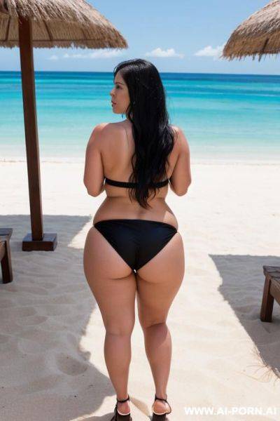 White bbw milf, very white skin, black hair, big ass, wearing a bikini and flip flops, standing up, backview - ai-porn.ai on pornintellect.com