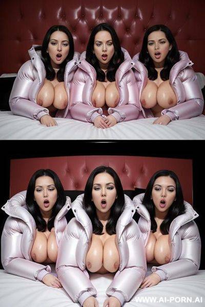 ((three women lying in bed having sex wearing gigantic puffer jackets)), (lots of cum:1.2), (covered in cum:1.2) - ai-porn.ai on pornintellect.com