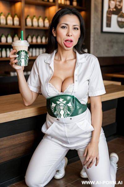 Starbucks 1 jears old woman on knees full with milk in the moht mouth open in a starbucks worker outfit but only under the vagina - ai-porn.ai on pornintellect.com