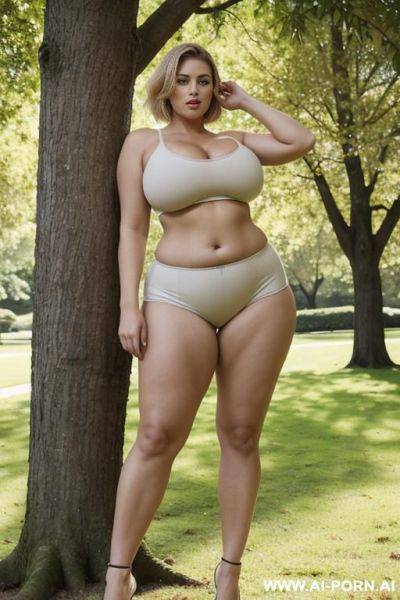 Very beautiful soft face, huge tits, runner in the park, standing against a tree, enormous tits spilling out of sports bra, dirty blonde short hair, voluptuous, strong, big hips, big ass, big tits, milf, - ai-porn.ai on pornintellect.com