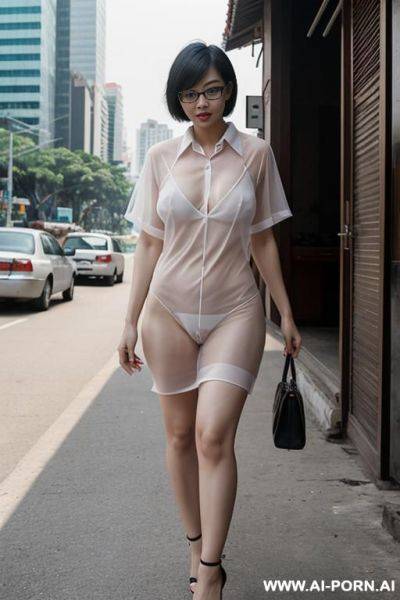 Chinese woman, big breasts, short bob hair, glasses, naked, showing nipples, naked, showing pussy, showing pussy, see-through shirt, high heels, on the street, in the city, thailand - ai-porn.ai - China on pornintellect.com