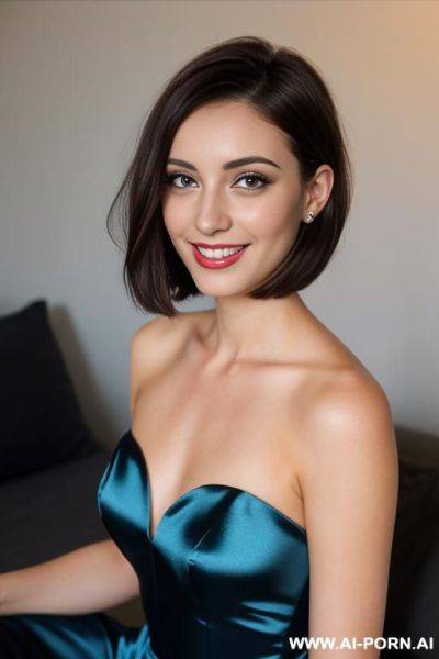 Bruntte cut hair, smiling, very beautiful face, wearing a blue satin dress - ai-porn.ai on pornintellect.com