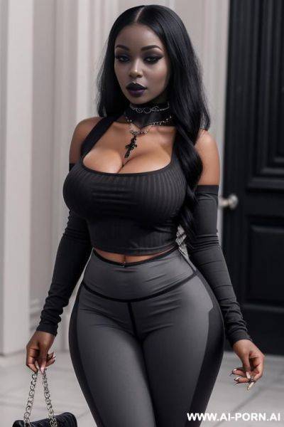 Chocker necklace, pullover on top, grey leggings on bot, (((gothic))) - ai-porn.ai on pornintellect.com