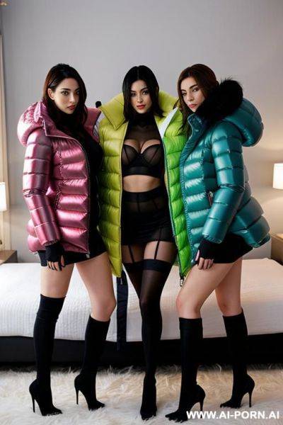 Three women in bed having sex wearing gigantic puffer jackets - ai-porn.ai on pornintellect.com